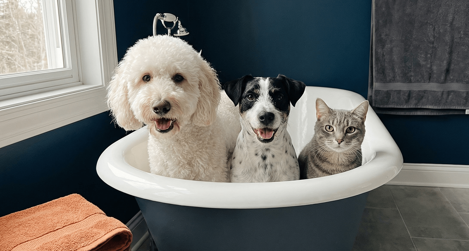 Zwei Hunde und eine Katze in einer Badewanne – Glückliche Pfoten Hundesalon in Berlin-Weißensee