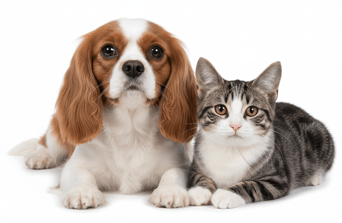 Gepflegter Hund und Katze liegen entspannt nebeneinander – Grooming im Hundesalon Glückliche Pfoten in Berlin-Weißensee