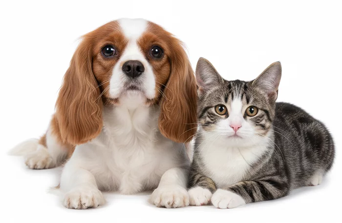 Gepflegter Hund und Katze liegen entspannt nebeneinander – Grooming im Hundesalon Glückliche Pfoten in Berlin-Weißensee