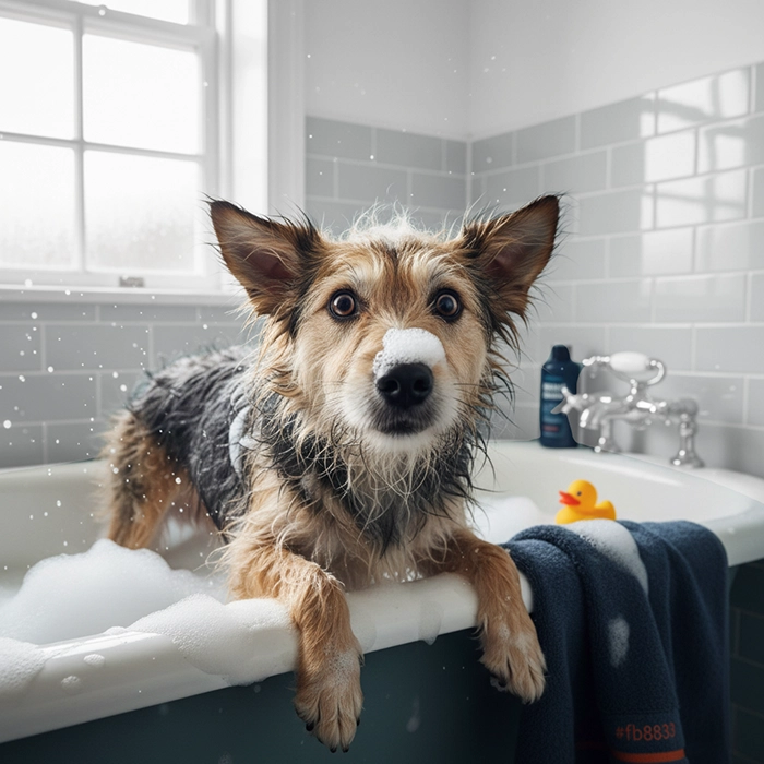 Nasser Hund mit Schaum sitzt in der Badewanne beim Grooming im Hundesalon Glückliche Pfoten in Berlin-Weißensee